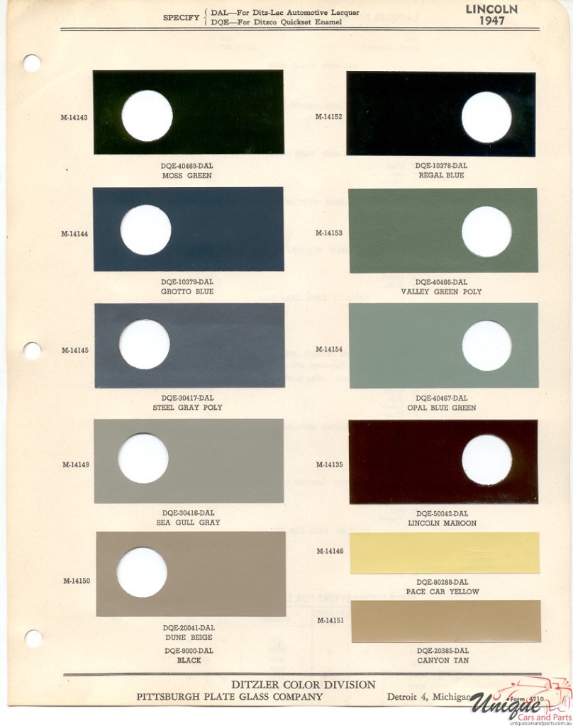 1947 Lincoln Paint Charts PPG
